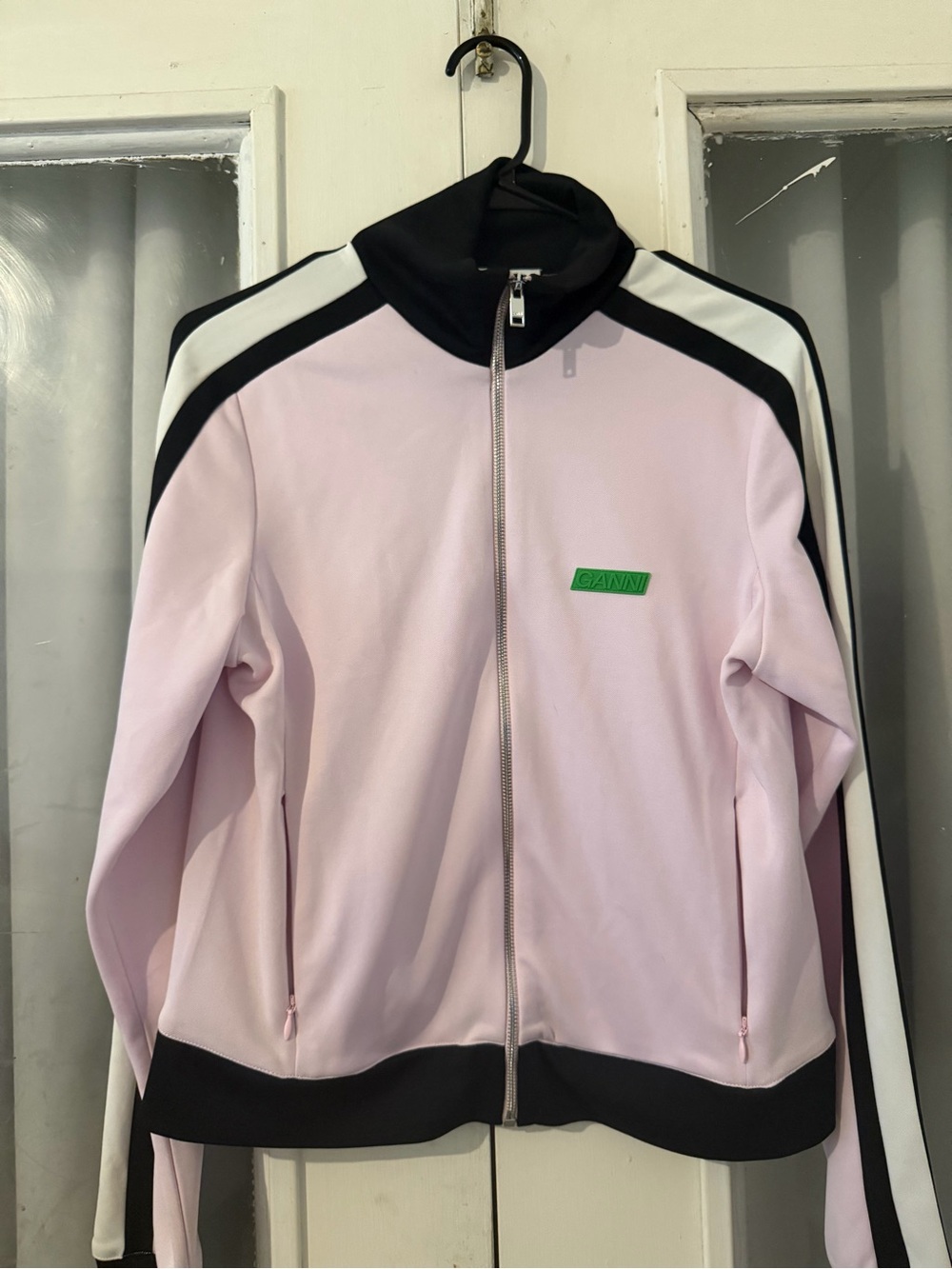 Ganni Pale Pink Track Jacket with Black and White Trim